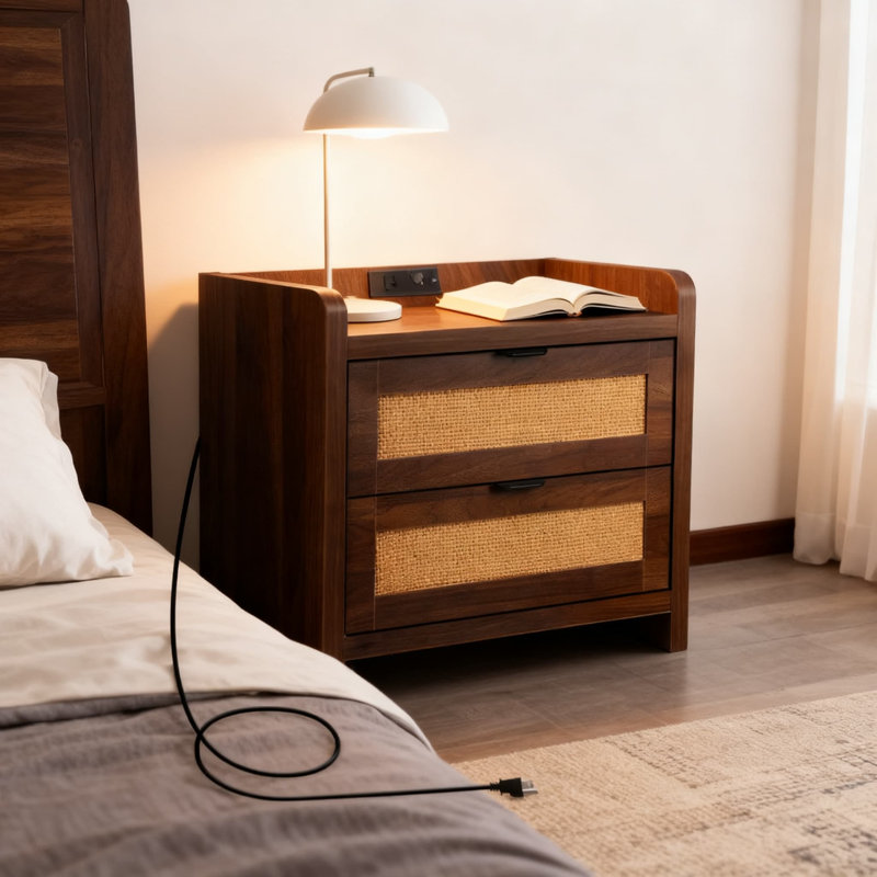 Avec station de charge, table de chevet de ferme avec 2 tiroirs en rotin, table de bout Boho pour chambre à coucher et salon