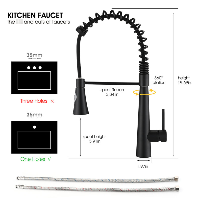 Robinet de cuisine en acier inoxydable noir mat, avec tirette et support magnétique noir