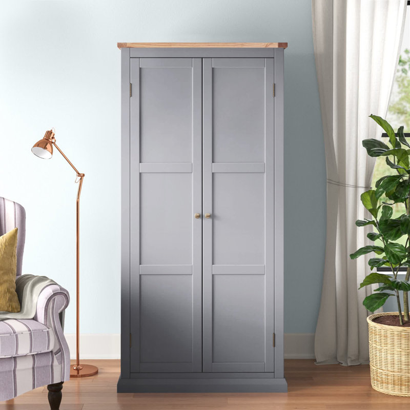Leonidas 2 Door Solid + Manufactured Wood Wardrobe, Grey/Oak/Antique Brass