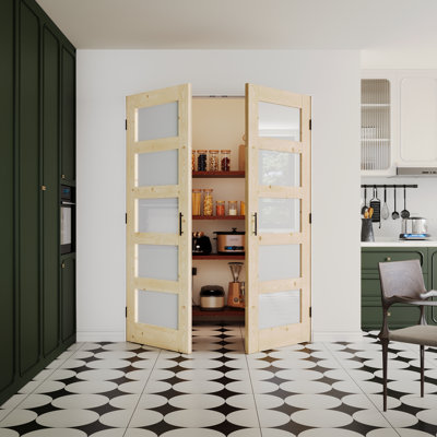 Interior 5-Lite Pine Wood & Frosted Glass Door, Colonial Natural Solid Pine Double French Doors, SGCC Certified Tempered Glass, Includes Frame & Matte Black Hardware-Ball Catches & Hinges & Handles, Pre‑Finished & Waterproof, Easy DIY Stain, 56"x 80"
