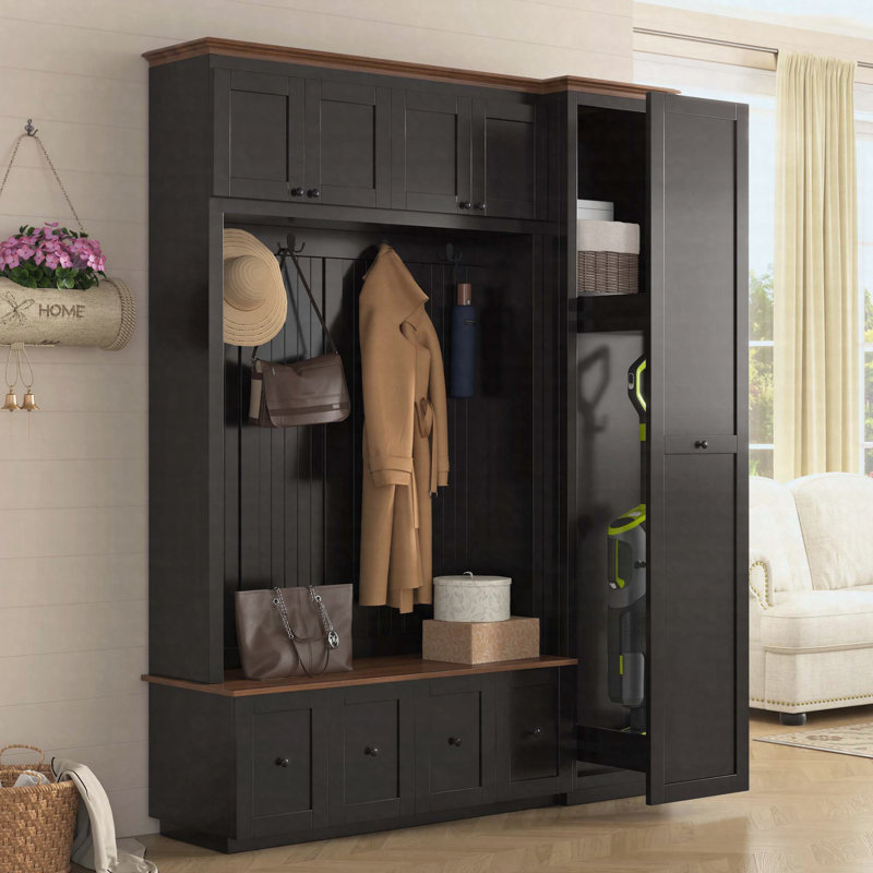 78.7" Farmhouse Entryway Hall Tree with Storage Bench, 5-in-1 Coat Rack Shoe Bench with Cabinets, Drawers and Hooks, Black