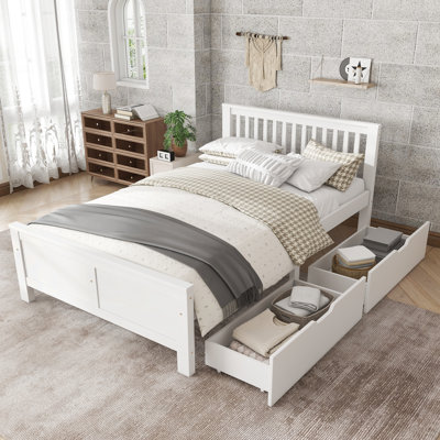 Children's bed with 2 drawers, wooden bed, white