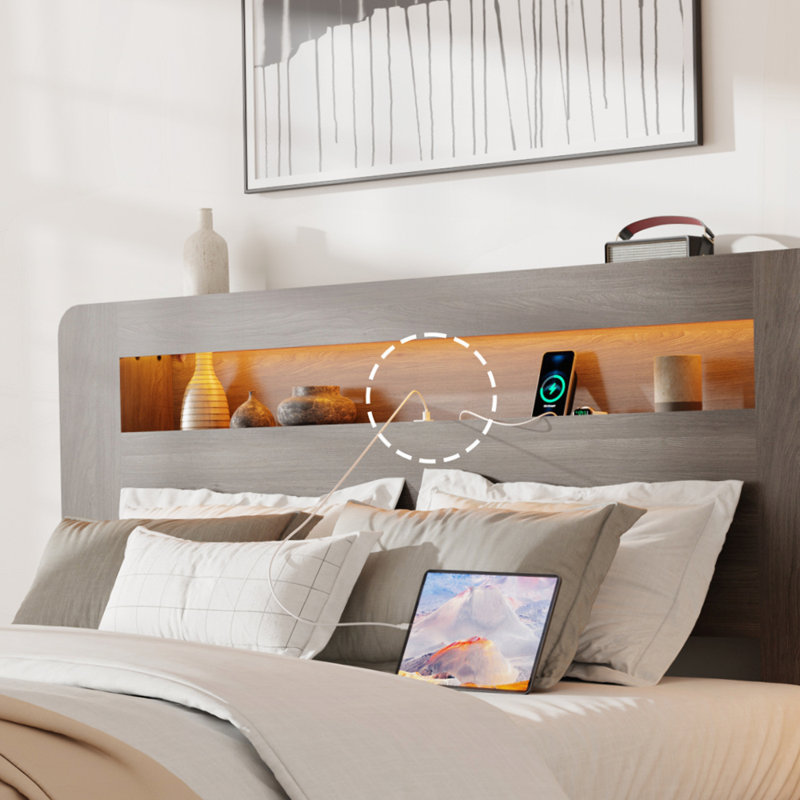 Wood Platform Bed With Storage LED Light Headboard, Full / Double, Antique Gray
