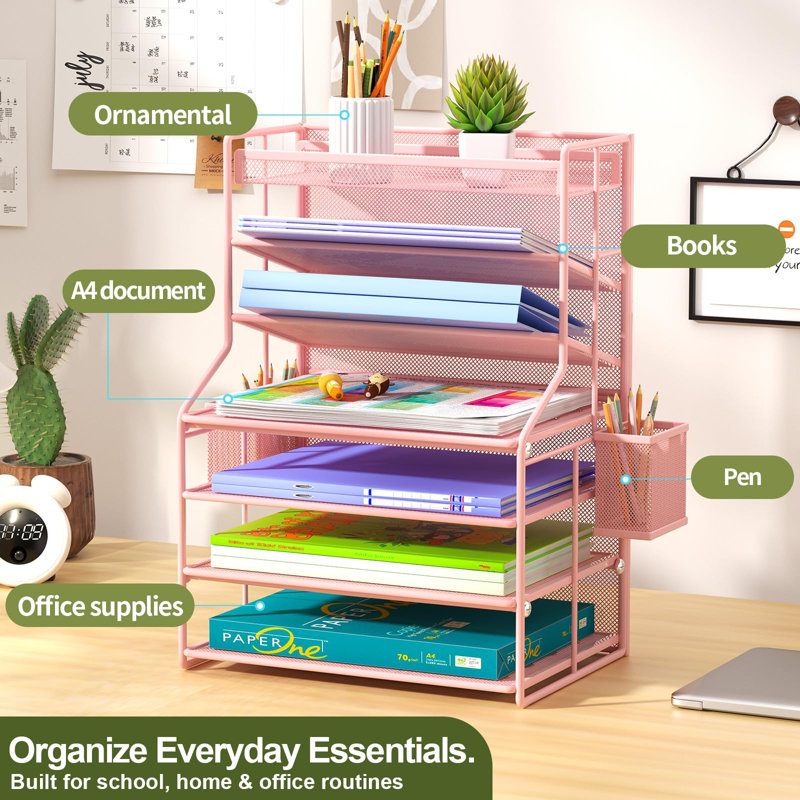 Classeur de bureau, organisateur de papier à lettres avec tiroir coulissant, porte-stylo amovible et panier suspendu, porte-classeur de bureau vertical, 7 niveaux, (rose)