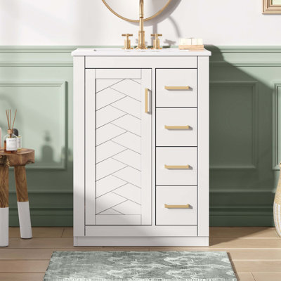 Meuble-lavabo 24 po avec lavabo intégré en céramique, meuble-lavabo simple avec 1 porte et 3 tiroirs pour salle de bain petite et moyenne