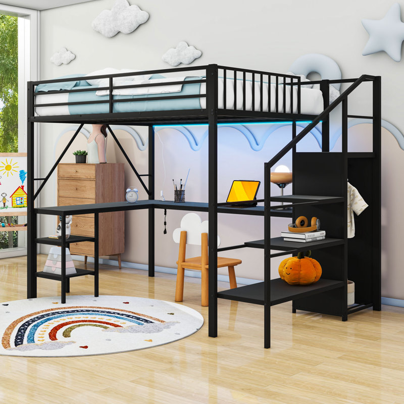 Loft Bed With Desk, Storage Staircase, And USB/LED Features, Full