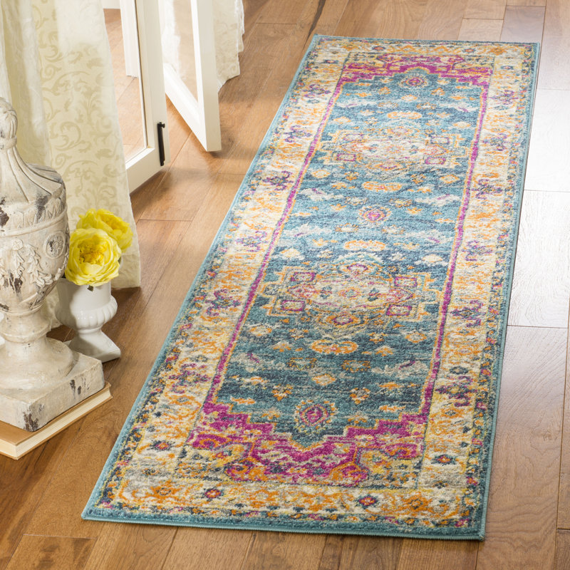 Tapis oriental bleu / rose Felty, Tapis de couloir 2 pi 3 po x 12 pi