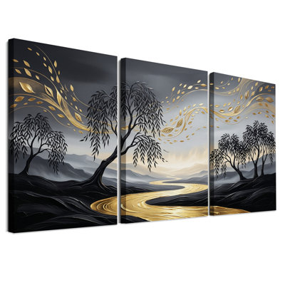 Black Willow Trees and Golden Winding River Set Of 3 Canvas Wall Art
