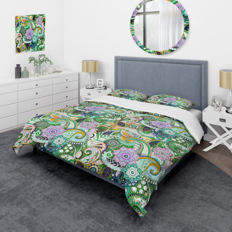 Cachemire vert floral - ensemble de housse de couette abstrait - microfibre de polyester