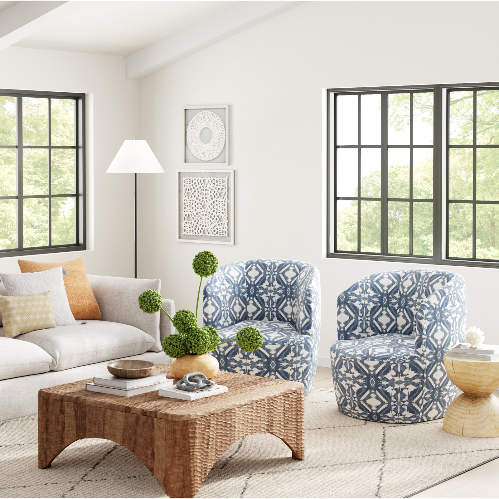 Mina Cotton Swivel Barrel Chair, Asha Blue Ikat