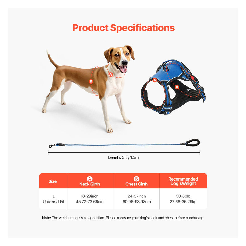 Harnais réglable sans attache pour chien avec attaches à double laisse pour les grandes races - Gilet en tissu bleu Oxford
