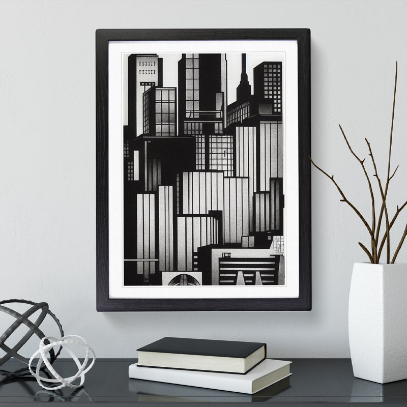 Monochrome City Skyline - Wrapped Canvas Print, 64cm H x 46cm W x 2cm D, Black Framed