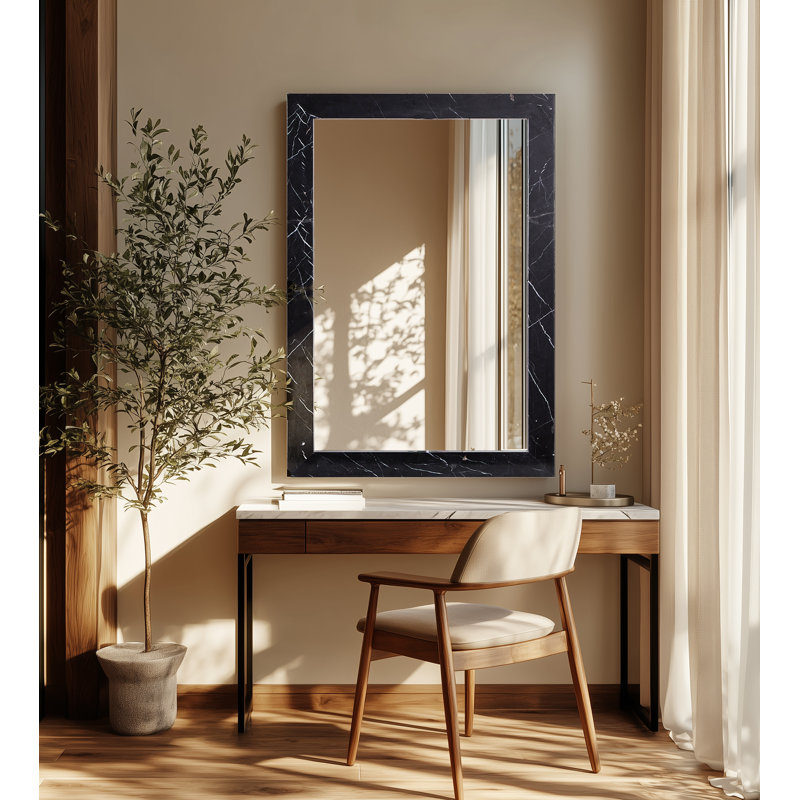 Pavia Genuine Travertine Frame Mirror, Marble, Black
