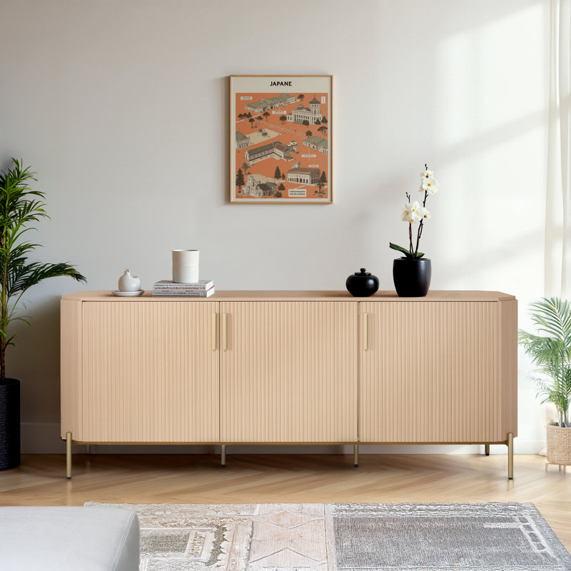 3 Door Sideboard Buffet Cabinet, Kitchen Storage Cabinet with Fluted Decorated Doors, Cupboard Console Table, Accent Liquor Sideboard with Hexagonal Design