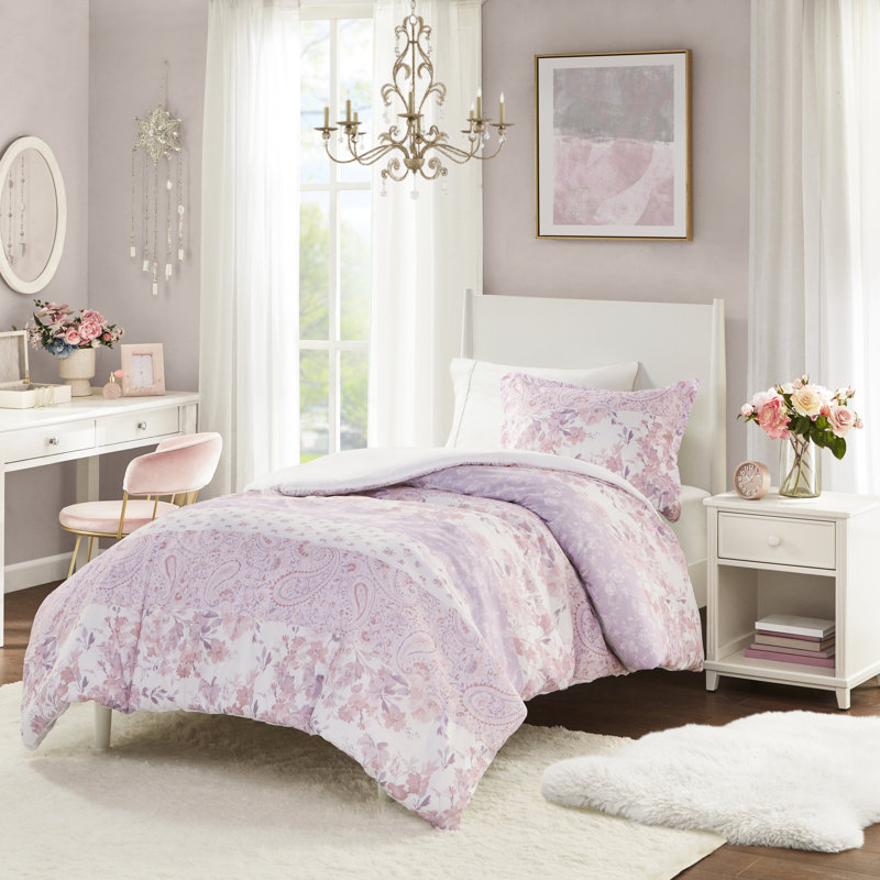 Housse de couette en microfibre à motif floral 2 pièces pour lit simple / simple TG, 2 taies décoratives, lavable à la machine, rose doux, fermeture à boutons, attaches intérieures, rose