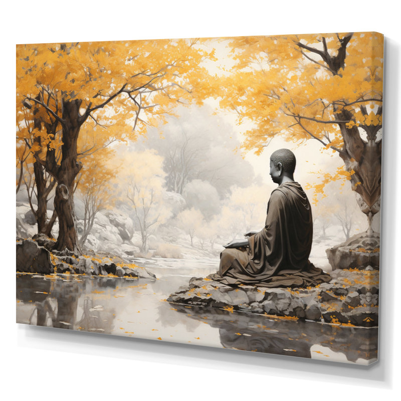 «Bouddha gris et jaune, chemin éclairé III», reproduction d'art sur toile, H 24 po x l 32 po x P 1 po, Toile tendue