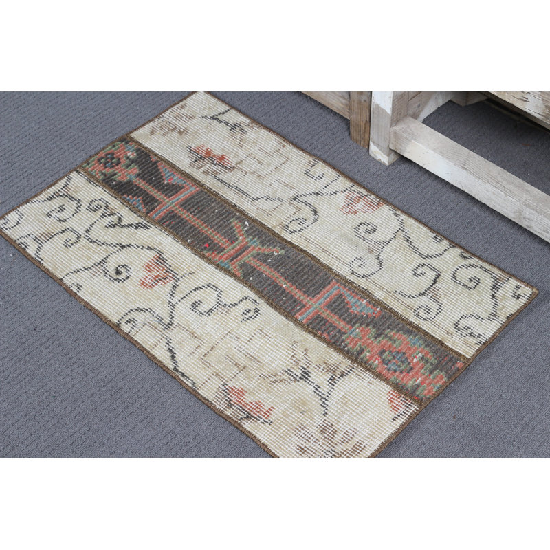 Antique Beige Handwoven Turkish Oushak Patchwork Small Rug Ideal for Entry and Door Mat Decoration