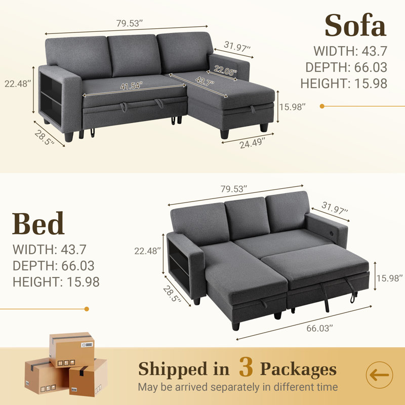 L Shaped Sectional Couch with Storage Chaise, USB Charging Ports & 2 Built-in Shelves, Gray  Fabric