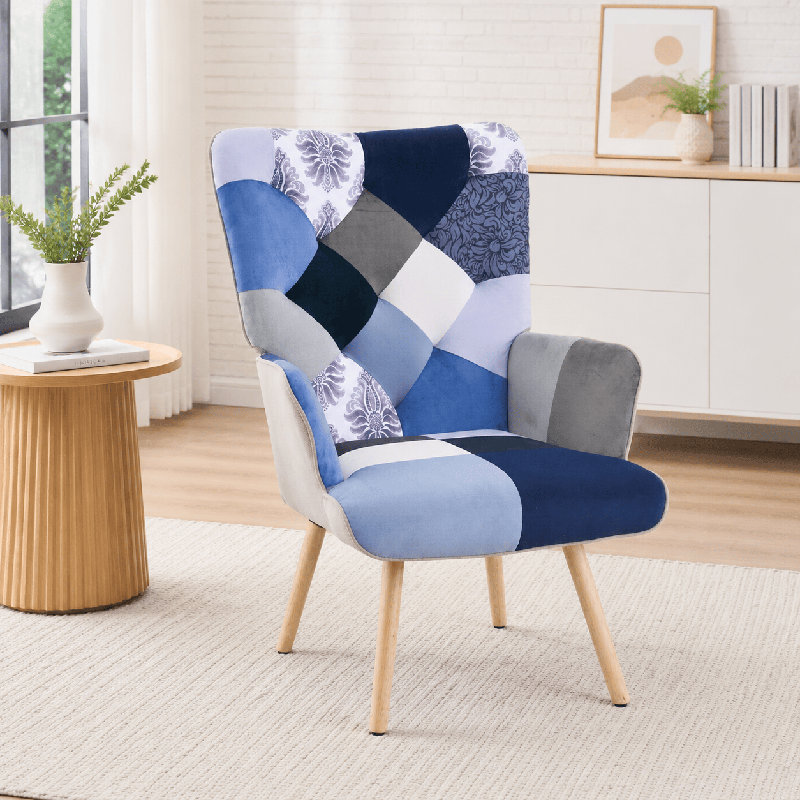 Floral Patchwork Accent Chair – High Back Statement Armchair for Bedroom & Reading Corner, Blue Polyester Blend