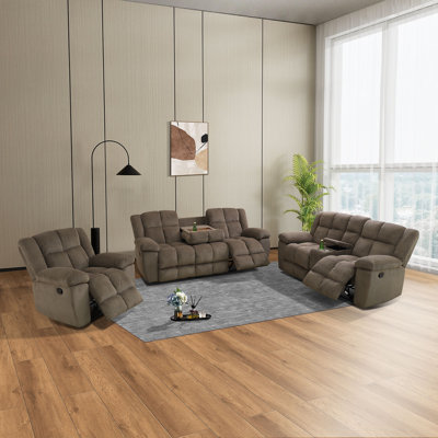 Manual Reclining Couch Sofa Set With Drop-down Table, 3 Pieces Brown Corduroy Recliner Couch Sets, Living Room Furniture Sets, Recliner Sofa With Storage Console/cup Holder For Home/apartment