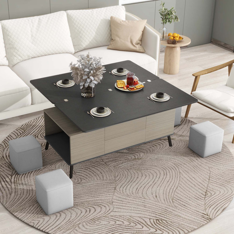 5 Pieces Lift Top Coffee Table Set With Storage Convertible Dining Table With Ottomans