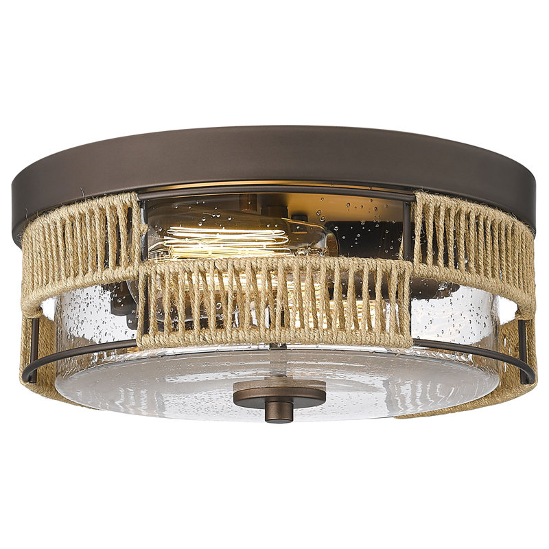 Plafonnier industriel à 2 lumières avec cadre rond en corde de chanvre tissée, Clair, Bronze frotté à l'huile