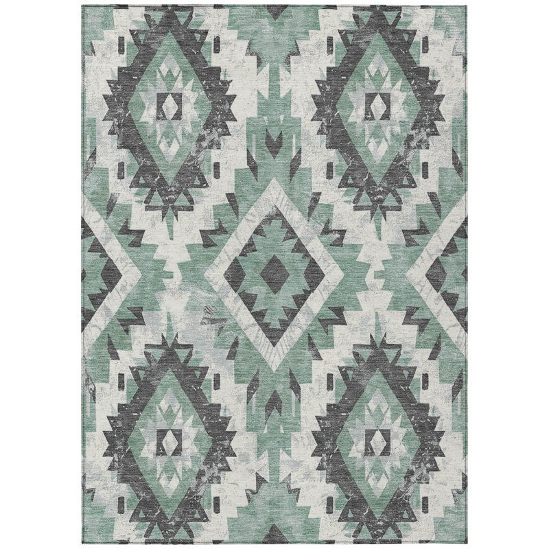 Machine Washable Indoor/Outdoor Xhevrie Seafoam Rug, Rectangle 2'6" x 3'10"