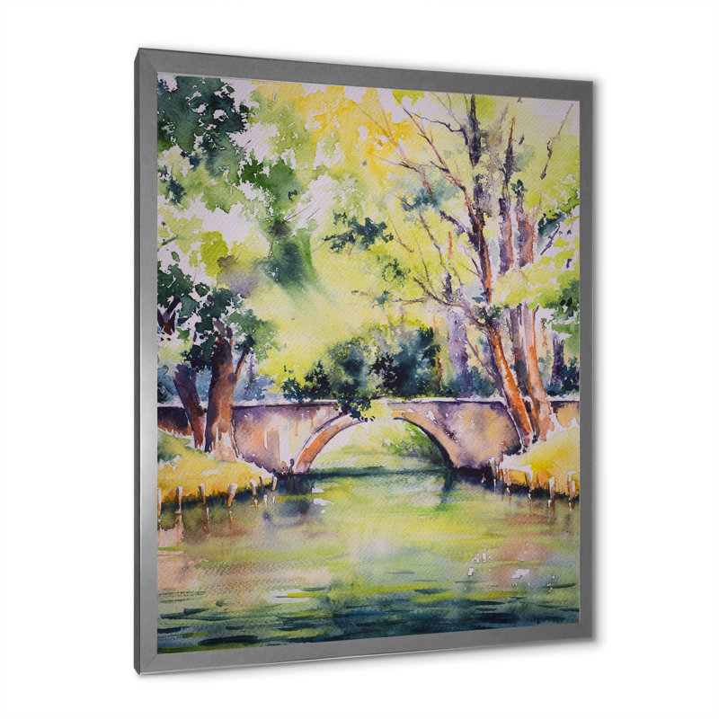 Pont sur la rivière dans un parc verdoyant - peinture sur toile, H 41,5 po x l 31,5 po, Cadre argenté