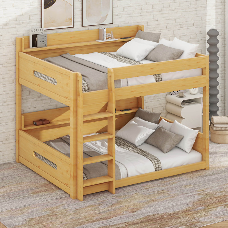 Queen Over Queen Bunk Bed With Storage Shelves And USB Ports, Wood