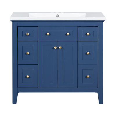 de salle de bain de 4 pouces avec lavabo en résine, 6 tiroirs, 2 armoires - Structure moderne en bois massif autoportant, bleu