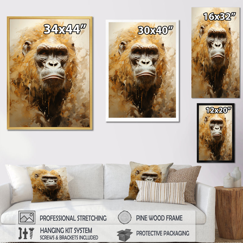 Portrait de gorille beige I sur toile, Cadre doré simple, H 44 po x l 34 po x P 1,5 po