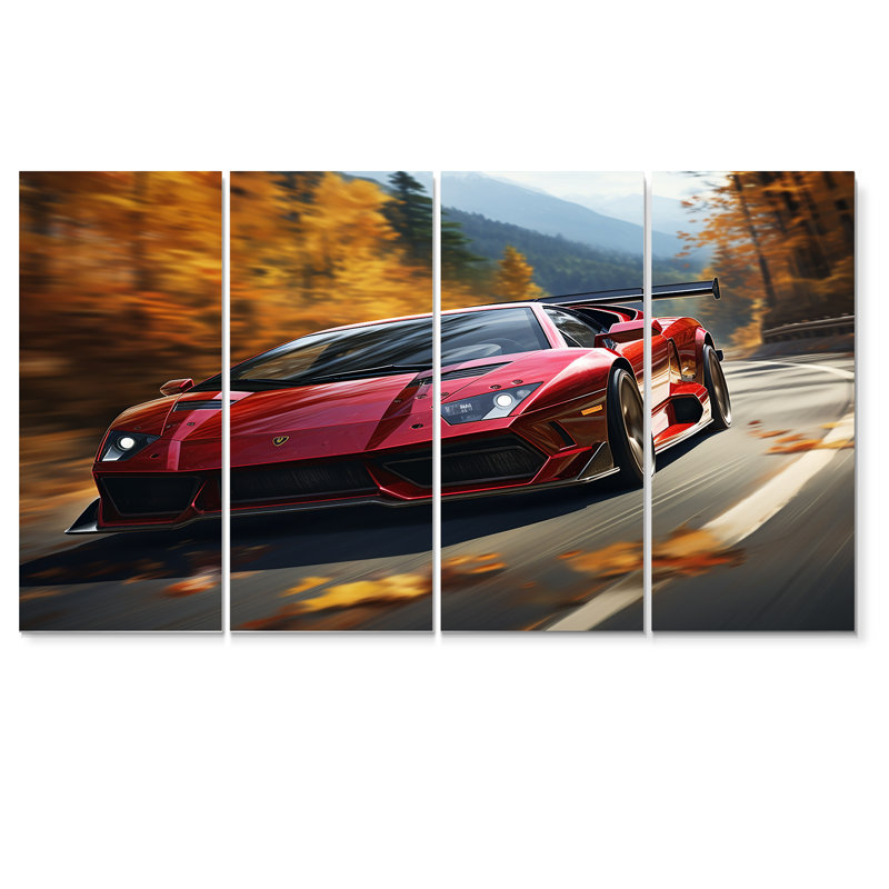 Lamborghini Diablo autoroute rouge - ensemble de décoration murale voiture exotique 4 pièces, H 28 po x l 48 po