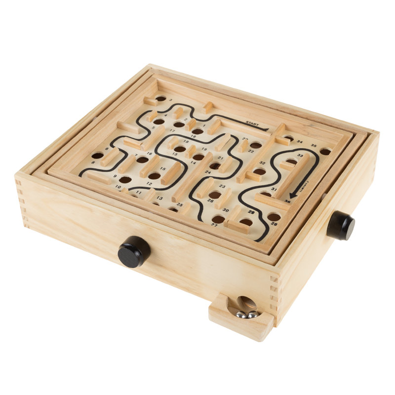 Labyrinth Game - Wooden Puzzle Maze with Two Steel Marbles - 11” x 9.25” Compact Handheld Labyrinth - Classic Mind-Challenging Kids Games for Ages 6 and Up by Hey Play