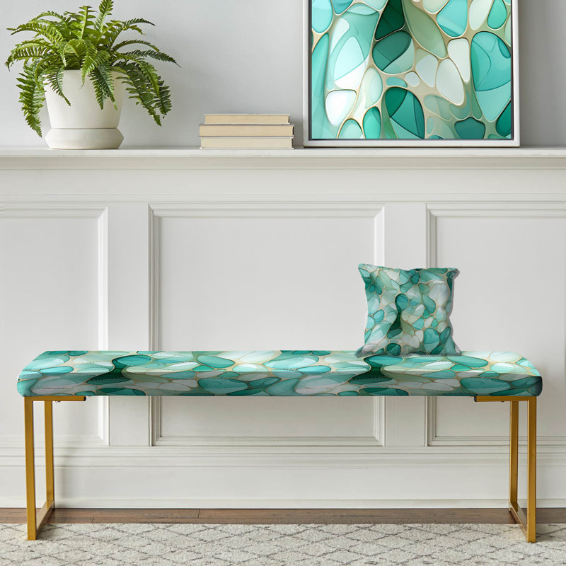 Seagrass Mosaic Emerald Coastal Pattern - Abstract Upholstered Gold Bench
