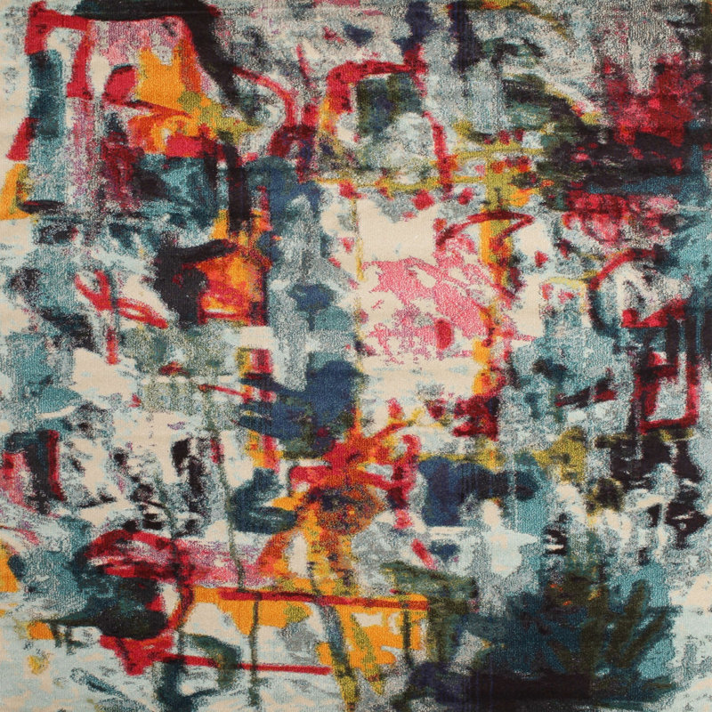 Tapis bleu/rose/jaune contemporain, Carré 4 pi