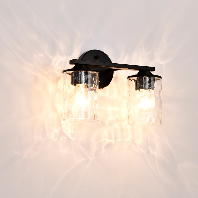  2 lumières 13 po Éclairage pour meuble-lavabo noir mat avec abat-jour en verre transparent martelé, Noir mat, Deux lumières