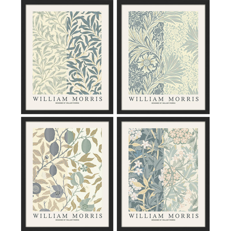 " Botanical And Floral Design " by William Morris 4 - Pieces, Black, 10" H x 8" W