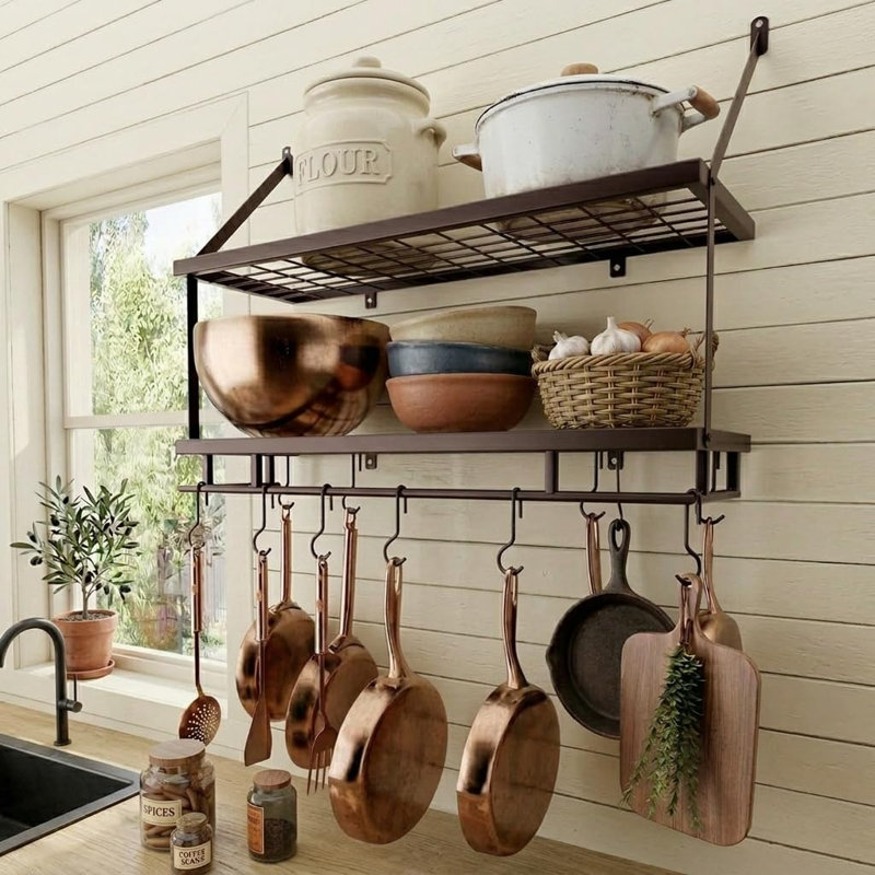 Support mural pour casseroles en bronze huilé de 76 cm (30 pouces), capacité de 45 kg (100 lb), 12 crochets
