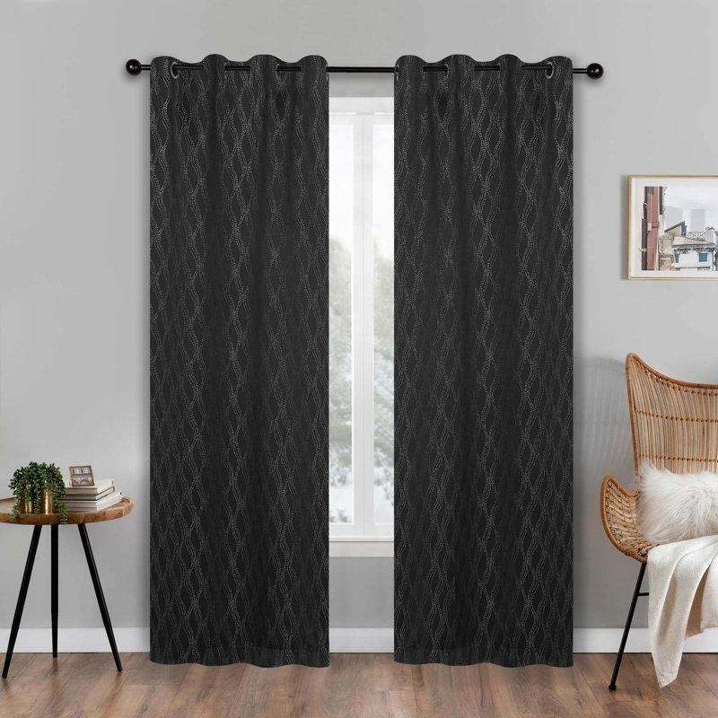 Vedder Modern Textured Waves Polyester Room Darkening Grommet Rod Pocket  Curtain Pair, Grommet 52" W x 96" L, Black