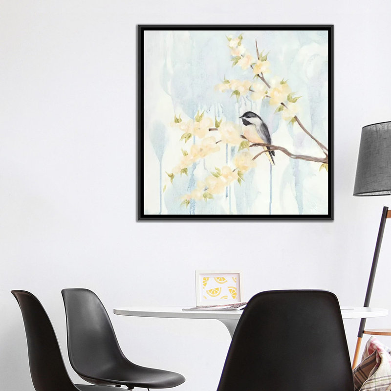 « spring chickadeess i », impression sur toile, H 18 po x l 18 po x P 1,5 po, Toile avec cadre noir, Pas de tapis