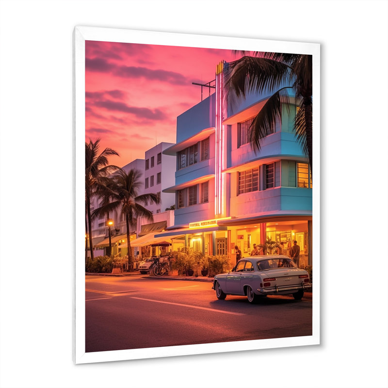 Miami Ocean Drive Neon, reproduction d'art sur toile, H 32 po x l 24 po x P 1 po, Cadre photo blanc