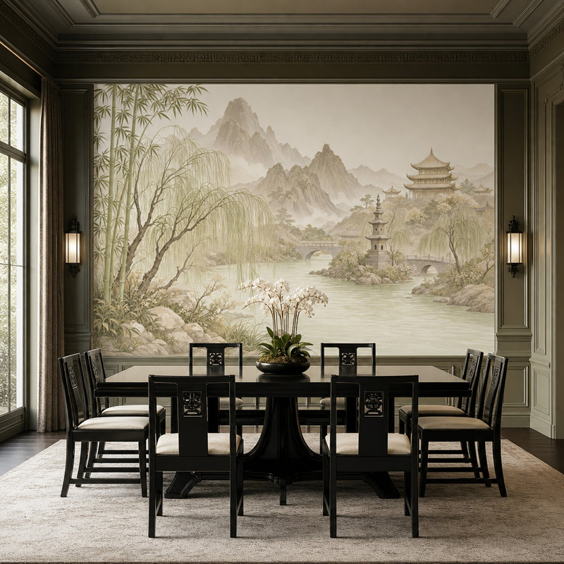 Papier peint paysage asiatique, montagnes brumeuses, pagode, temple, fresque murale, 160"x108", Peel and Stick