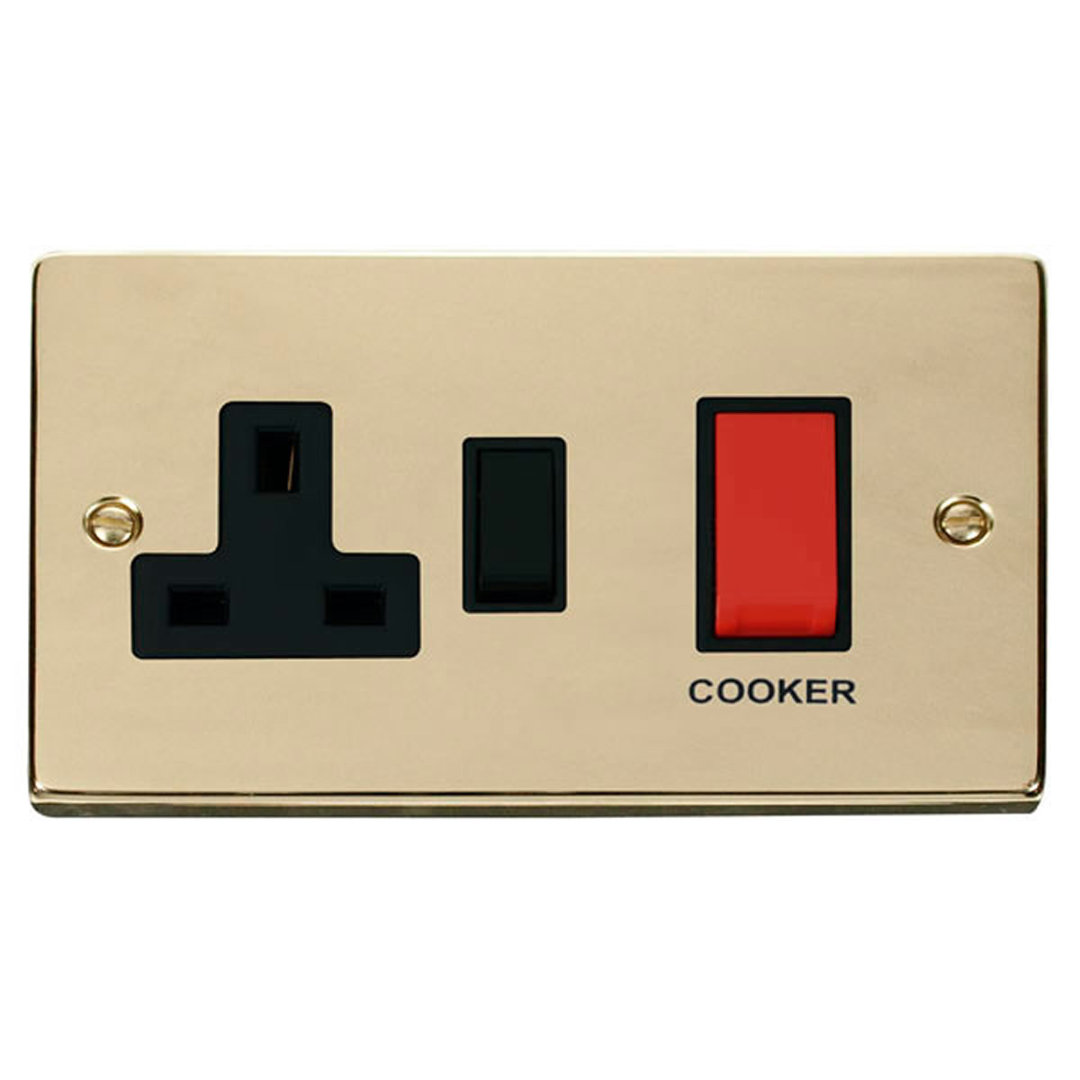 Polished Brass Cooker Control 45A With 13A Switched Plug Socket