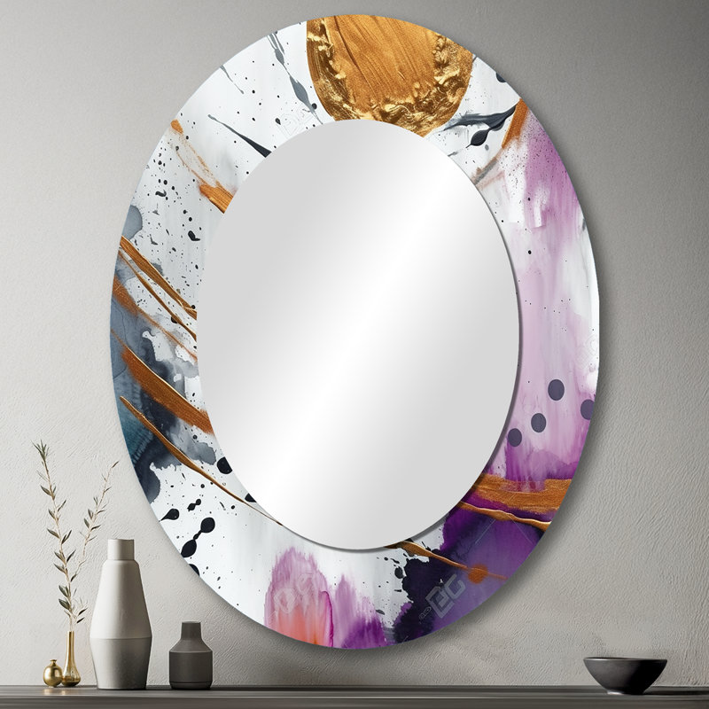 Bold Circles And Marble Fusion V - Large Oval Wall Mirror On Metal, 43" x 33"