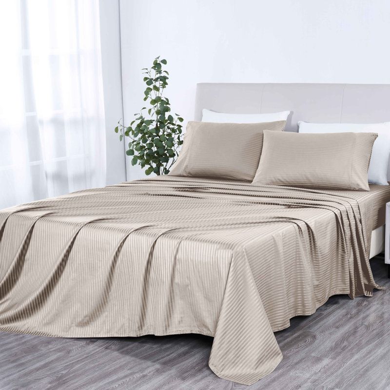 Ensemble de draps rayés Bibb Home 1000 fils - 100 % coton égyptien, Très grand lit, Beige