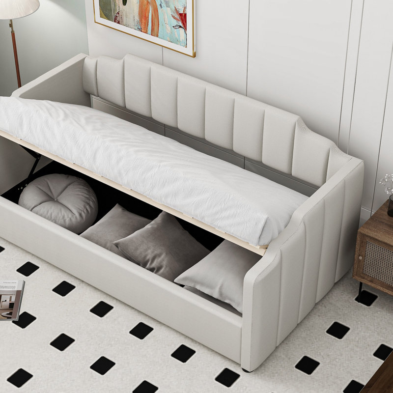 Lit de jour rembourré avec rangement inférieur (lit de jour), Lit simple, Beige