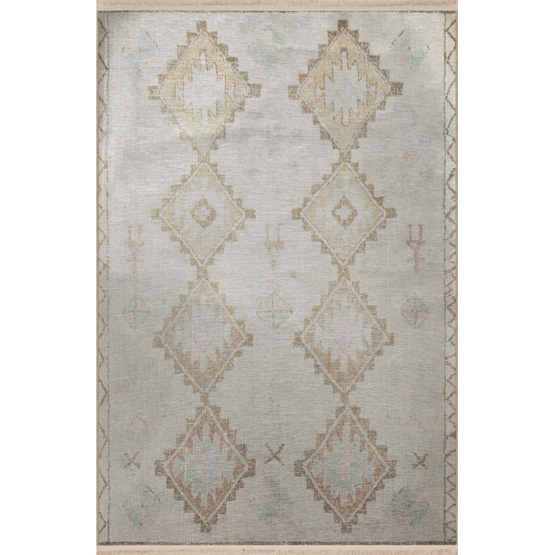 Tapis décoratif à motif frangé à motif traditionnel beige et gris, Rectangle 4 pi 11,06 po x 7 pi 6,55 po
