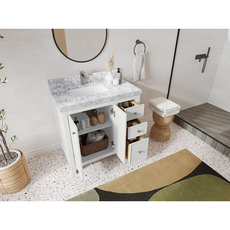 Meuble-lavabo simple 36 po avec comptoir en quartz Chicago, Sienne Calacatta