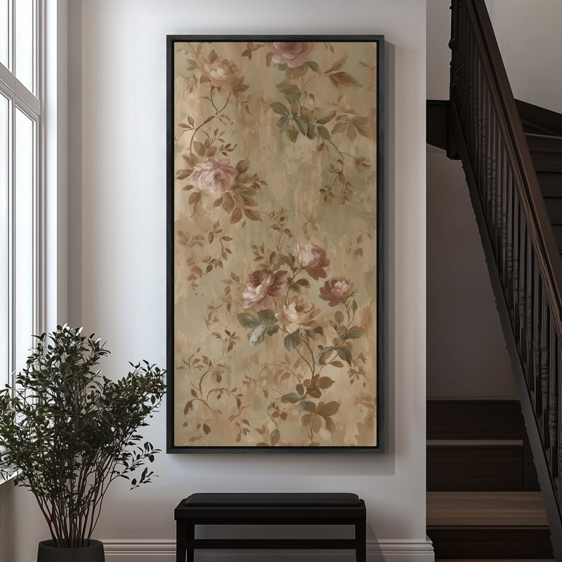 «Vintage Rose Garden Soft Floral» - Reproduction d'art encadrée sur toile encadrée, H 60 po x l 30 po x P 1,5 po, Noir