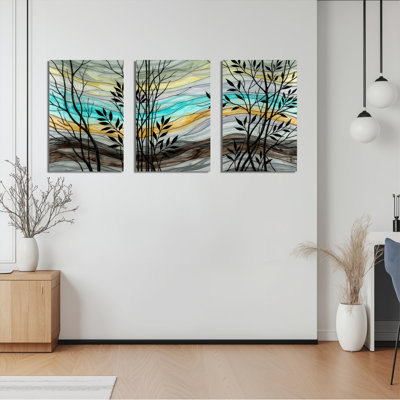 Ensemble de 3 tableaux abstraits représentant des silhouettes d'arbres dans un paysage, sur toile tendue, pour la décoration du salon et de la chambre.